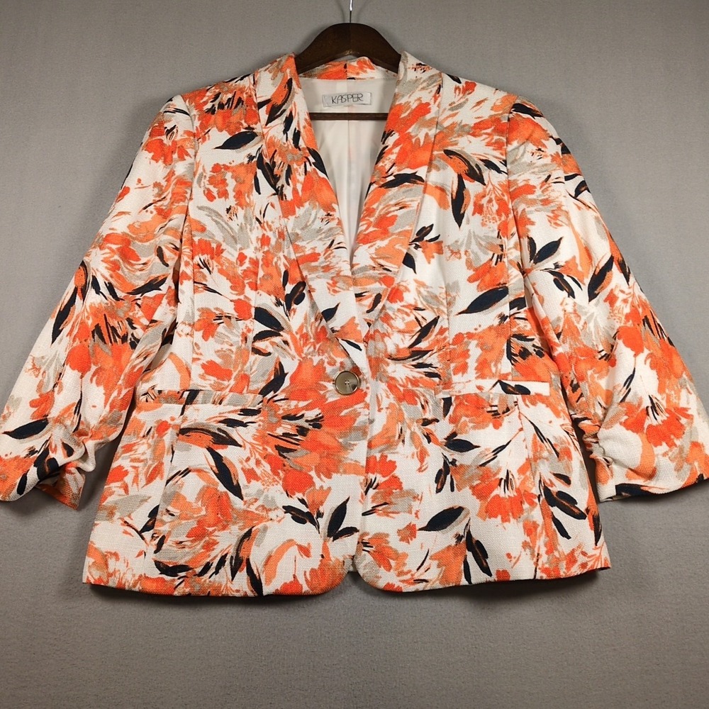 Kasper Women's SZ 14 Orange Black and White Abstract Print Blazer Jacket